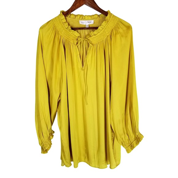 Chelsea & Theodore Tops - Chelsea & Theodore 3X Blouse Top Yellow Gold Long Sleeve Ruffle Neckline
